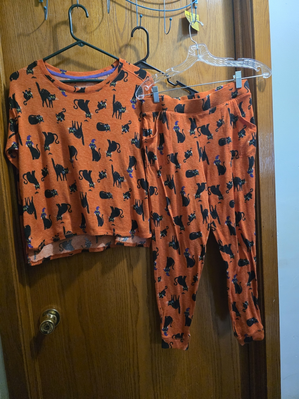 Orange Black Cat Print Pajama Set - Cozy Sleepwear